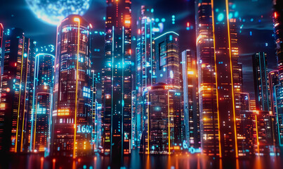 Obraz premium Cyberpunk scene with AI, neon lighting, floating digital particles