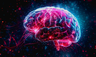 Fototapeta premium Neon lit AI with digital particles and futuristic aesthetic