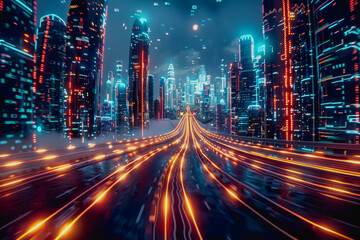 Fototapeta premium Cyberpunk scene with AI, neon lighting, floating digital particles