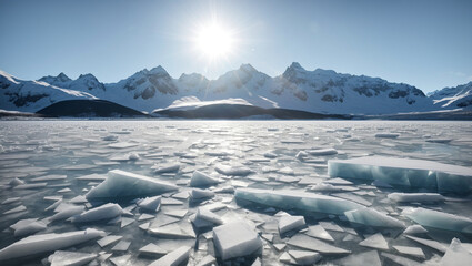 A frozen lake with large, jagged ice floes in the foreground and snow-capped mountains in the background. The sun is shining brightly in the sky.

