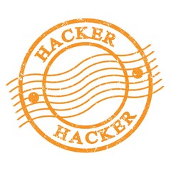 HACKER, text written on orange  postal stamp.