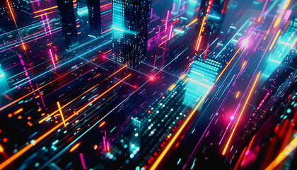 Neon lit AI with digital particles and futuristic aesthetic