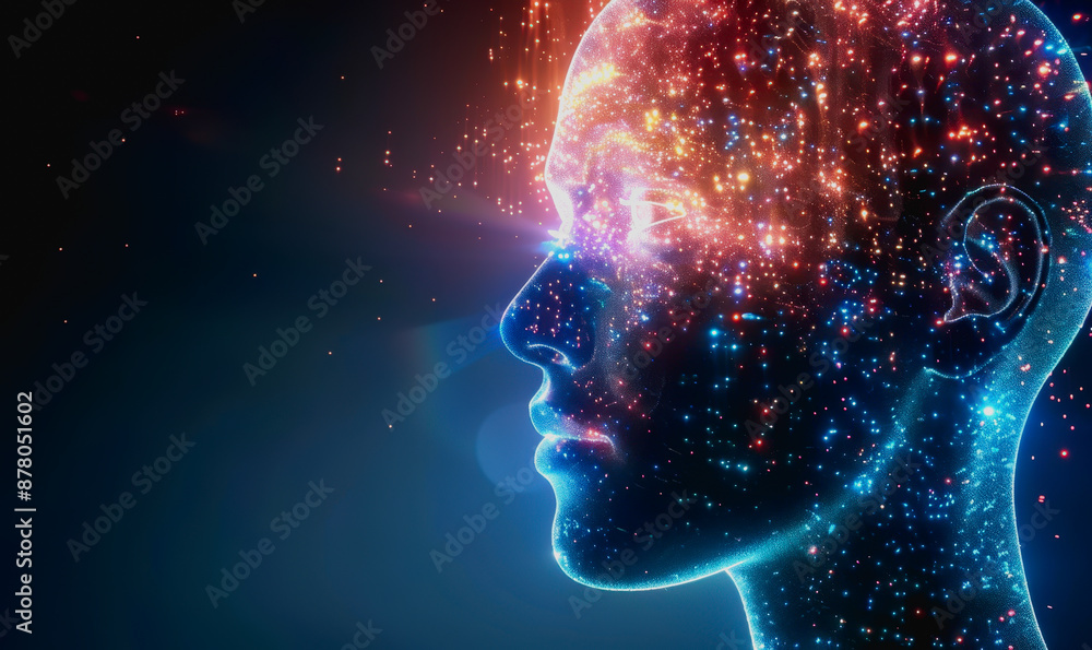 Poster advanced ai with bright neon lights and digital particles