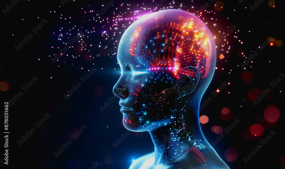 Poster advanced ai with bright neon lights and digital particles