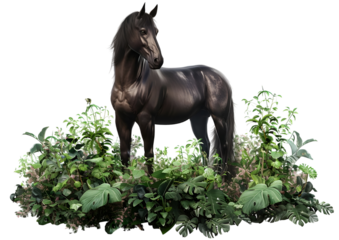 A Beautiful Brown Horse Standing in the deep forest isolated on white background.