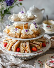 A high-tea inspired dessert tray featuring freshly baked scones with clotted cream, elegantly presented with assorted pastries and delicacies