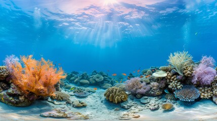 Naklejka premium Colorful underwater scenes featuring vibrant coral reefs, teeming with marine life and crystal-clear waters.