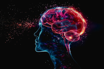 Neon lit AI with digital particles and futuristic aesthetic