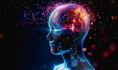 Advanced AI with bright neon lights and digital particles