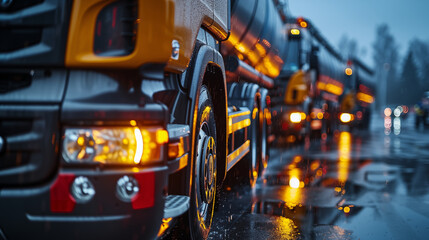 Naklejka premium Line of trucks on a wet road in the evening rain with blurred city lights. Concept of transportation and weather.
