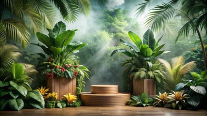 Elegant wooden podium amidst lush foliage, showcasing nature-inspired products, surrounded by exotic flowers and vines in a misty jungle setting.