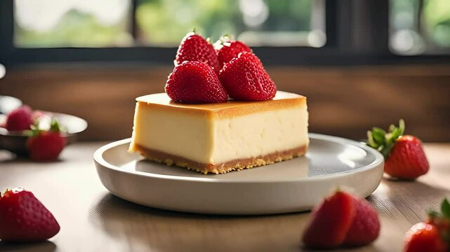 cheesecake with cherries Generative ai, basic cherries cake, desserts video, stock video, stock food videos, seamless looping, 4k resolution, celebration videos, relaxing videos	