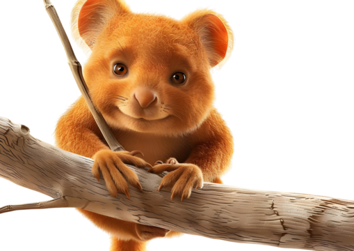 Cute Bunny Bear on tree branch smiling isolated on transparent background.