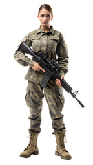 Fototapeta premium Female Soldier in Camouflage Uniform Holding Rifle