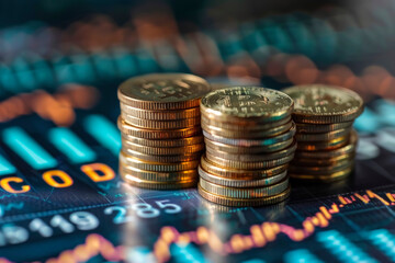 image of a stack of bitcoin coins, on a background of green financial graphs and charts. symbolizes successful investment strategies. Background highlights financial data and analysis,