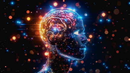 Obraz premium Advanced AI with bright neon lights and digital particles