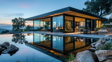 Obraz premium Modern ranch with an expansive glass facade that reflects the surrounding landscape, blending indoors with outdoors