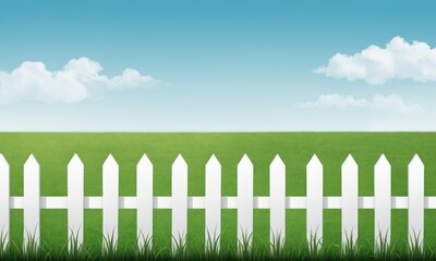 Obraz premium White picket fence in front of green grass field