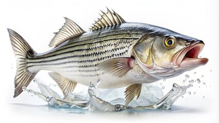 Naklejka premium Hyper-realistic, meticulously detailed, isolated white striped bass fish on pristine white background with precise clipping path and subtle water droplets.