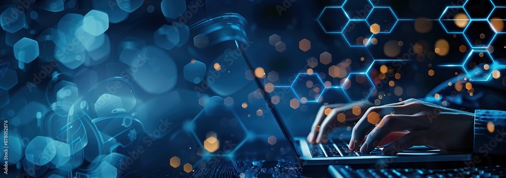 Poster hands typing on laptop with glowing hexagon pattern