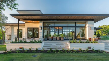 Modern ranch with an expansive front porch that includes built-in planters for a seamless blend of architecture and nature