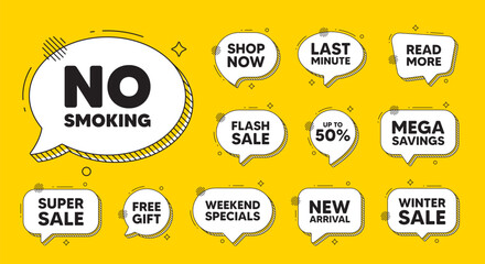 Obraz premium Offer speech bubble icons. No smoking tag. Stop smoke sign. Smoking ban symbol. No smoking chat offer. Speech bubble discount banner. Text box balloon. Vector