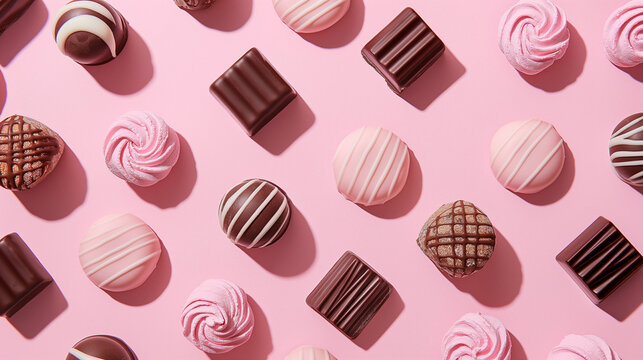 A background of various bonbons arranged symmetrical with shadow effects, creating a sense of depth, on a pale rose background with shadows