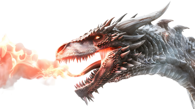 A large Dragon Breathing fire isolated on transparent background.
