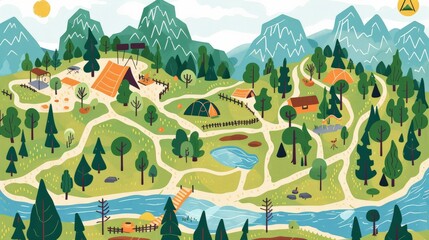 An illustrated map of a camping ground with various spots marked, including tents, trails, and a lake