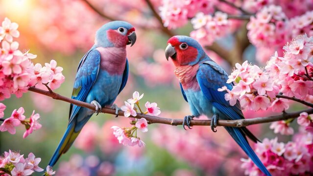 Vibrant blue and pink parrots perch on a delicate branch amidst soft pink and white cherry blossom petals in serene atmosphere.