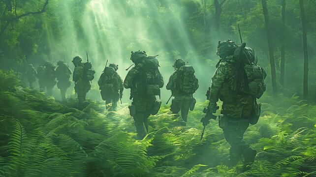 Troops from the military force going carefully through a forest in a commando formation