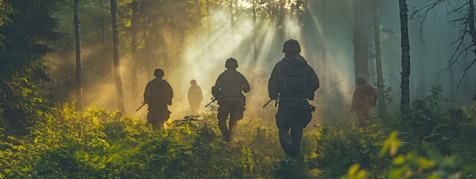 Troops from the military force going carefully through a forest in a commando formation