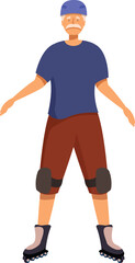 Senior man wearing helmet and knee pads is standing on roller skates, enjoying active lifestyle and having fun