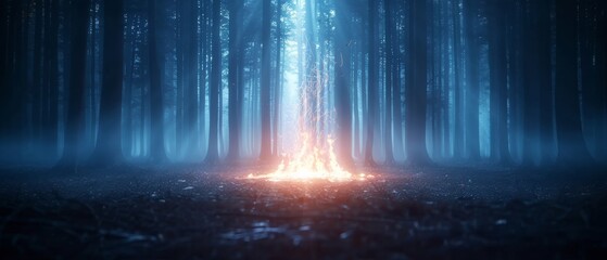 Mystical glowing campfire in a foggy, dark forest with ethereal blue light filtering through tall trees, creating a magical atmosphere.