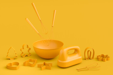 Mixer and cookie cutters with kitchen utensil for making cookies on monochrome