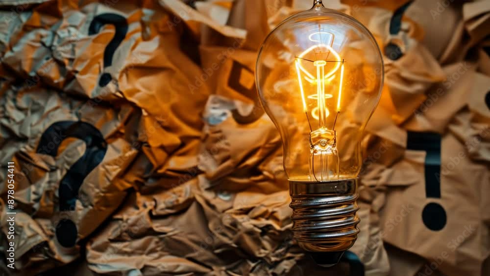 Poster illuminated light bulb on crumpled paper with question marks symbolizing innovation, creative ideas,