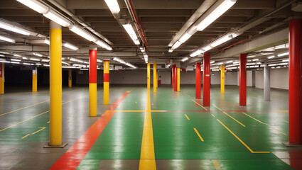 an empty parking garage with rows of red and yellow striped columns. The floor is grey with green and yellow lines painted on it