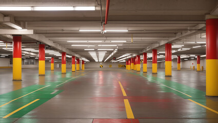 an empty parking garage with rows of red and yellow striped columns. The floor is grey with green and yellow lines painted on it