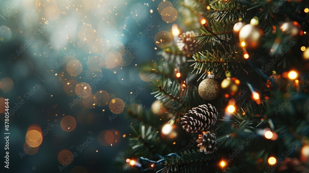 Poster festive christmas tree with lights and decorations empty space for text with blurred background