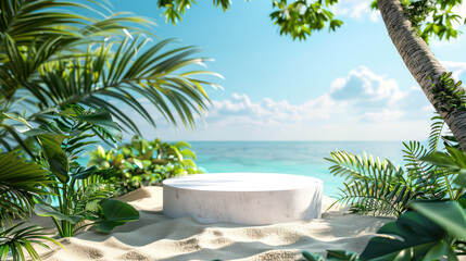 Obraz premium A Natural podium platform displayed on the sand with a big tree branch and some green tropical leaves. Made of natural scene for Ads, banners, website, social media or cosmetic and food presentation