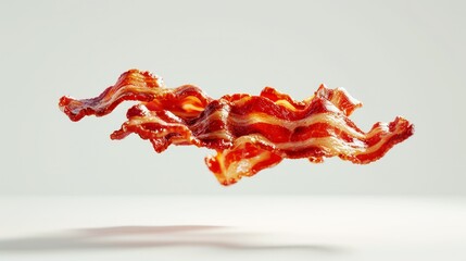 crispy bacon strip floating in mid-air isolated on light background