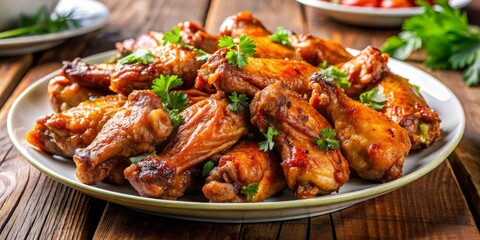 Fototapeta premium Close-up of a Plate of Crispy Chicken Wings with Parsley Garnish, Chicken Wings , Food Photography , Appetizer , Dinner