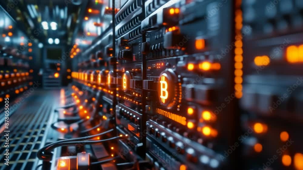 Poster cryptocurrency mining server racks in data center with bitcoin symbol and cryptomining digital overl
