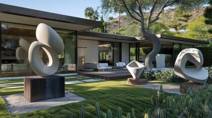 Modern ranch with a backyard that includes a minimalist, modern sculpture garden, featuring abstract and geometric forms