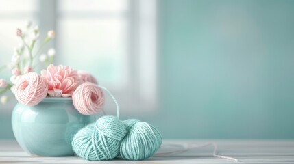 Soft pastel yarn balls and knitted flowers in a vase, placed on a wooden table against a serene light blue background with natural light.