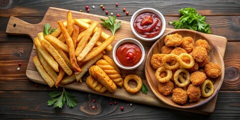 Crispy Fried Appetizers - French Fries, Onion Rings, Chicken Bites on Wooden Board with Ketchup Dips, food photography, appetizers, fried food , fast food,  dinner