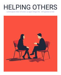 Helping Others Mental Health Concept Two people sitting and talking on chairs against an orange background discussing helping others Graphic design