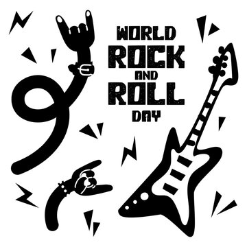 Banner with rocker's hands with a bracelet with spikes, guitar and horns, a greeting sign in honor of Rock Day on April 13. Long curved black arms and zippers on white. Inscription about the holiday.