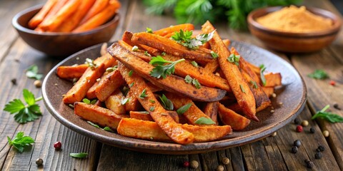 Crispy Sweet Potato Fries on a Wooden Table, Food Photography, Close-up, Sweet Potato, Fries, Healthy Snack,