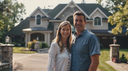 Fototapeta premium A smiling couple stands in front of a large, beautiful house with a well-manicured yard on a sunny day